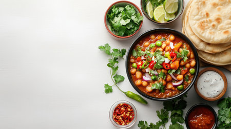 A vibrant bowl of spicy vegetarian dish featuring beans and fresh herbs, served with lime, chili, and soft bread, perfect for healthy dining.の素材