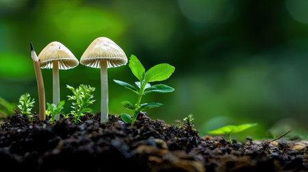 Two delicate mushrooms rise from dark soil, surrounded by lush green plants. The soft-focus background creates an enchanting forest atmosphere highlighting nature's beauty.の素材