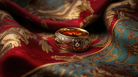 This image showcases a beautifully crafted golden ring resting on a luxurious fabric backdrop. The intricate design and vivid colors enhance its elegance and charm.の素材