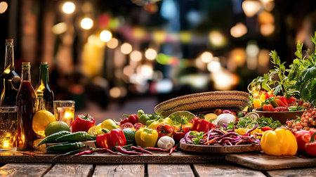 A vibrant assortment of fresh vegetables and fruits beautifully arranged on a rustic wooden table, perfect for culinary inspiration or healthy lifestyle themes.の素材