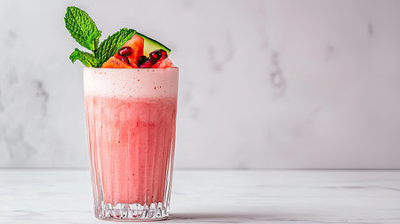 Enjoy a refreshing watermelon smoothie topped with mint and pomegranate seeds. This vibrant drink is perfect for summer, offering a delicious and healthy treat.の素材