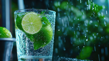 A refreshing lime drink with mint leaves glistens in a glass, surrounded by raindrops, evoking a cool and vibrant summer feel. Perfect for enjoyment.の素材