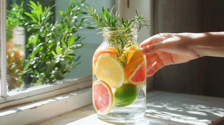 A glass jar filled with vibrant citrus slices, refreshing herbs, and clear water sits in natural light, showcasing a healthy summer drink perfect for hydration.の素材