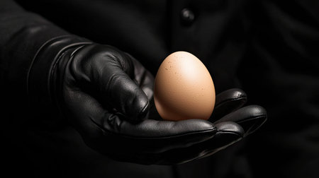 A hand wearing a black leather glove gently holds a brown egg, showcasing texture and simplicity. The contrast creates a striking visual impact for culinary themes.の素材