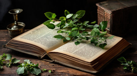 An inviting open book adorned with fresh green leaves, set on a rustic wooden table. This composition exudes tranquility, perfect for themes of nature, knowledge, and relaxation.の素材