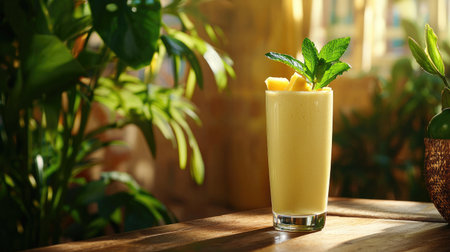 A refreshing tropical smoothie featuring ripe pineapple and fresh mint. This vibrant drink, perfect for summer, offers a healthy option for gatherings and personal enjoyment.の素材