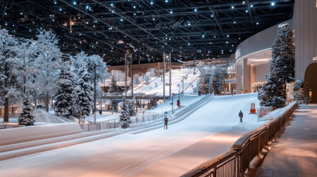 A stunning indoor winter wonderland featuring ski slopes and artificial snow. Trees and lights create a magical atmosphere perfect for family fun and adventure.の素材