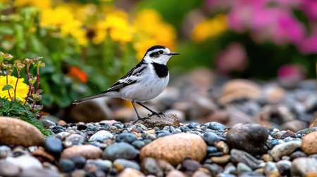 A stunning black and white bird perches gracefully on smooth pebbles, surrounded by vibrant flowers, capturing the beauty of nature in a serene garden setting.の素材