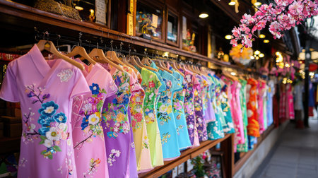 A colorful array of traditional dresses hangs beautifully at a bustling market stall, showcasing vibrant designs and floral patterns. This display invites exploration of cultural heritage and fashion craftsmanship.の素材