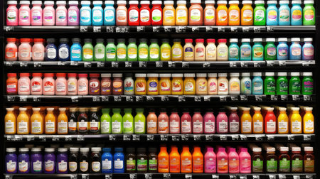 This image showcases a vibrant assortment of drink bottles neatly arranged on a supermarket shelf, highlighting an impressive variety of colors and flavors.の素材