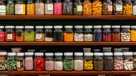 A stunning collection of various bottles filled with colorful tablets and capsules displayed on a wooden shelf, reflecting health and wellness themes.の素材