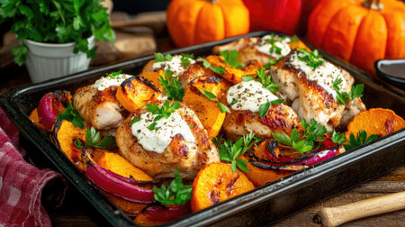 A delightful meal of aromatic chicken thighs roasted with vibrant vegetables like pumpkin and onions, topped with creamy sauce and fresh herbs. Perfect for autumn dining!の素材