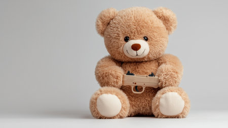This charming image features a soft teddy bear holding a toy pistol, creating a playful yet ironic scene that sparks curiosity. Perfect for creative projects!の素材