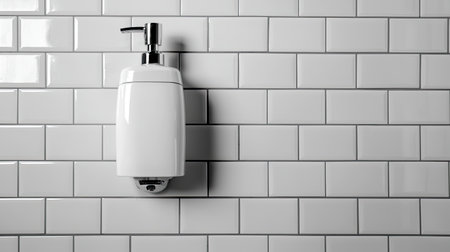 A stylish white soap dispenser mounted on a sleek subway tile wall, exemplifying modern bathroom design and emphasizing cleanliness and elegance.の素材