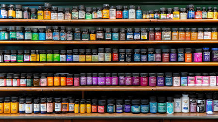A vibrant arrangement of nutritional supplements displayed on wooden shelves, showcasing an array of colors and formulations. Ideal for wellness and health themes.の素材