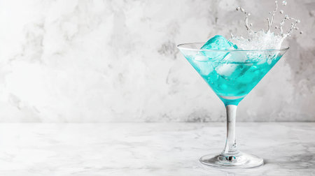 A stunning close-up of a blue cocktail splashing in a martini glass, showcasing ice cubes against a light marble backdrop, perfect for vibrant beverage photography.の素材