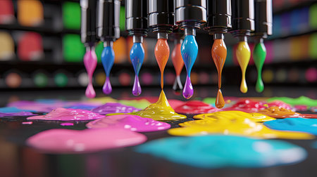 This image features vibrant paint drops falling from markers, creating a playful array of colors on a sleek black surface, ideal for artistic inspiration.の素材