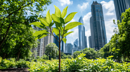 A young sapling thrives in an urban park, framed by towering skyscrapers under a bright blue sky, representing the harmony between nature and city life.の素材