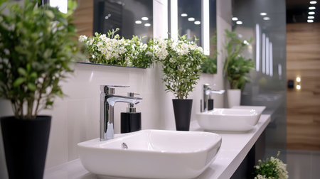 A beautifully designed modern bathroom featuring sleek sinks, stylish faucets, and lush greenery in decorative vases. Ideal for inspiration or dの素材