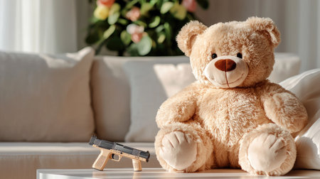 A soft and cuddly teddy bear sits next to a realistic toy gun on a stylish table, creating a striking contrast in a cozy indoor setting.の素材
