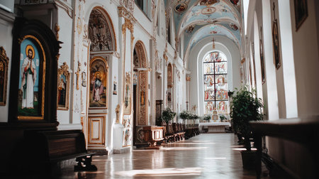 A stunning view of a church interior showcasing intricate artwork, warm sunlight, and peaceful wooden benches that invite contemplation and prayer.の素材