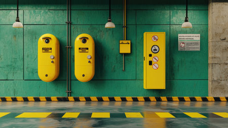This image features bright yellow industrial equipment against a striking green wall, showcasing a modern warehouse environment with an emphasis on safety and functionality.の素材