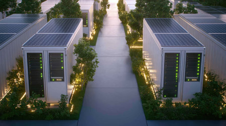 This image showcases a modern renewable energy storage facility with solar panels on top, surrounded by lush greenery and illuminated pathways at dusk.の素材