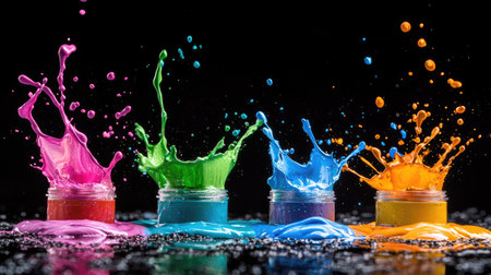 This dynamic image captures vibrant splashes of paint erupting from jars, creating a stunning visual effect against a dark background. The explosive colors showcase creativity and artistic energy, perfect for various design projects.の素材