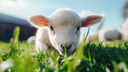 This charming image features a young lamb peacefully grazing on lush green grass under a clear blue sky, embodying the essence of rural tranquility.の素材