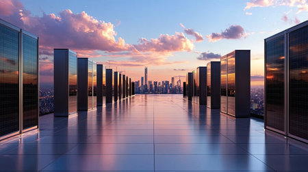 Captivating rooftop view showcasing a modern city skyline at sunset. The reflective surface reflects colorful clouds, creating a serene atmosphere.の素材