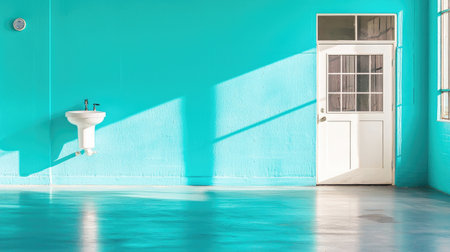 A vibrant turquoise room featuring a white door and sink, illuminated by natural light, creates a peaceful and modern design ambiance.の素材