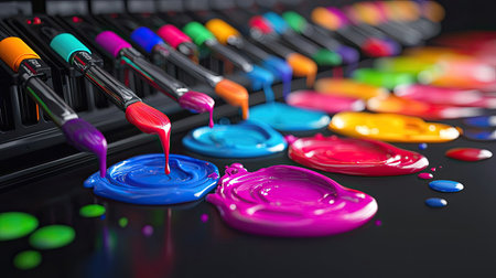 A vibrant display of colorful paints and brushes offers an inviting scene for artists. The paints drip onto a surface, showcasing creativity and artistic expression.の素材
