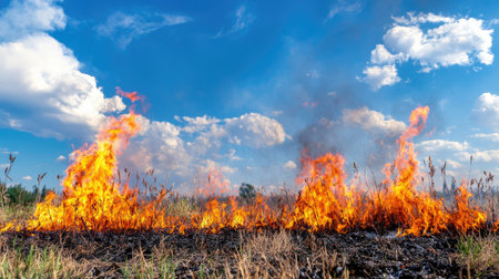 Dramatic scene of intense flames ravaging dry grassland under a bright blue sky, highlighting the powerful force of fire in a summer landscape.の素材