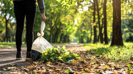 A person stands in a peaceful park, holding a bag filled with litter collected from the pathway. Sunlight filters through trees, highlighting the beauty of nature.の素材
