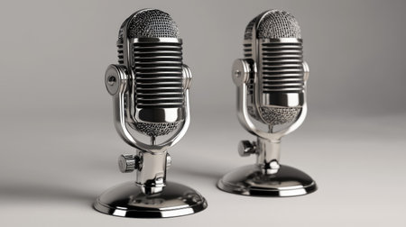 Two vintage-style microphones are displayed on a neutral background, highlighting exquisite design and fine craftsmanship suited for audio projects.の素材
