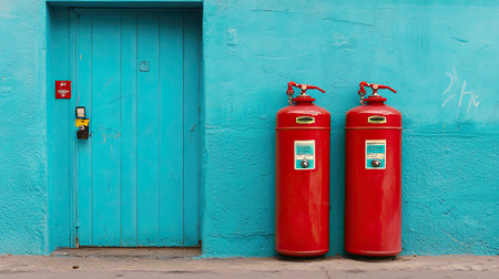 A striking image featuring bright red fire extinguishers positioned against a vibrant blue wall, complemented by a wooden door and lock, emphasizing urban safety and design.の素材