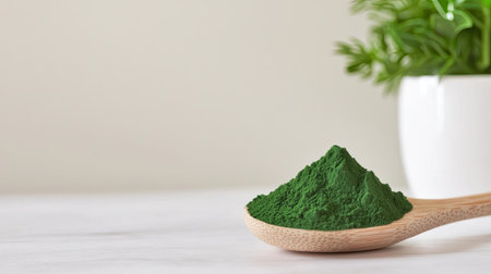 A vibrant green spirulina powder is displayed on a wooden spoon, enhancing the healthy lifestyle concept, alongside a fresh plant that adds a touch of nature.の素材
