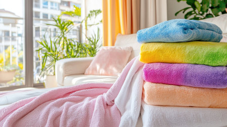 A vibrant collection of stacked towels in various colors creates an inviting atmosphere in a cozy living room, complemented by natural light and greenery.の素材
