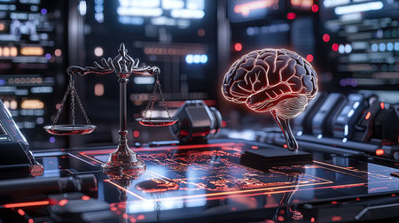 This visually striking image showcases a combination of law and cognition, featuring a glowing brain and scales of justice on a vibrant digital backdrop, ideal for discussions on ethics and technology.の素材