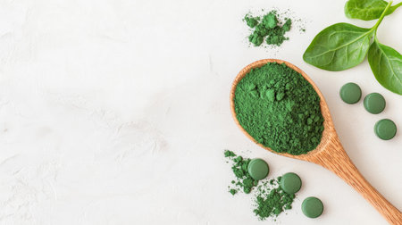 Bright green superfood powder with spirulina tablets and fresh spinach leaves, showcasing vibrant nutrition on a clean white background for healthy living.の素材