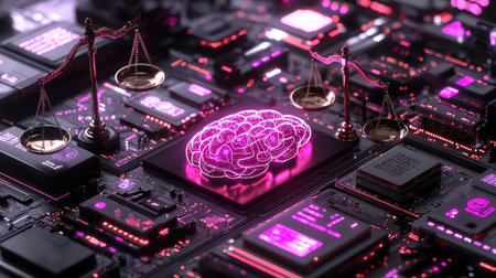A striking representation of a digital brain surrounded by scales of justice, set against a vibrant circuit board. This image symbolizes the intersection of technology and ethics.の素材