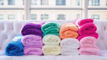 A visually stunning arrangement of rolled towels in vibrant colors, featuring soft textures on a stylish couch, perfect for adding brightness to any space.の素材