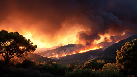 A stunning yet ominous view of a wildfire raging through a mountainous area at dusk. The burning landscape is highlighted by vibrant flames and thick smoke, creating a striking contrast against the darkening sky.の素材