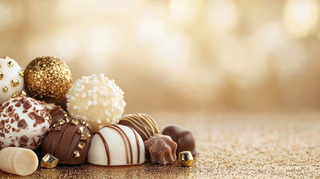 A stunning assortment of gourmet chocolates arranged artfully against a sparkling golden backdrop, perfect for dessert tables and special occasions.の素材