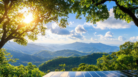 A breathtaking mountain landscape showcasing solar panels under a bright blue sky. Lush green trees frame the view, highlighting the harmony of nature and technology.の素材