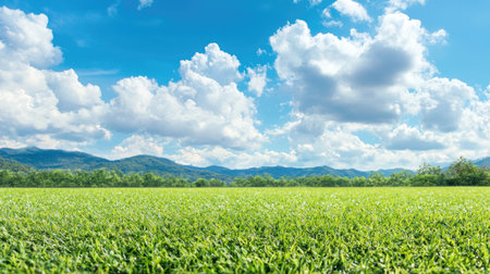 A vibrant green field fills the foreground under a clear blue sky dotted with fluffy white clouds. Majestic mountains rise in the background, adding to this serene landscape.の素材