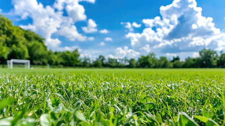 A vibrant green grass field stretches under a clear blue sky adorned with fluffy white clouds. This serene outdoor space is ideal for various activities and recreation.の素材