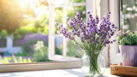 A beautiful arrangement of fresh lavender in a glass jar captures the essence of tranquility and freshness, with sunlight illuminating the space.の素材