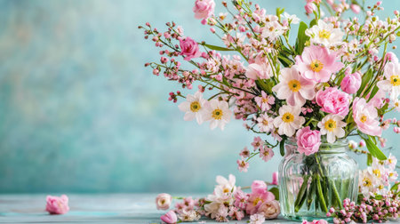 A beautiful arrangement of pink and white flowers in a glass jar sits on a soft blue surface. This serene and colorful floral display exudes freshness and charm.の素材