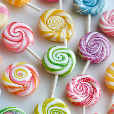 A captivating collection of colorful swirled lollipops in various vibrant flavors, perfect for events, parties, or as delightful gifts for candy enthusiasts.の素材